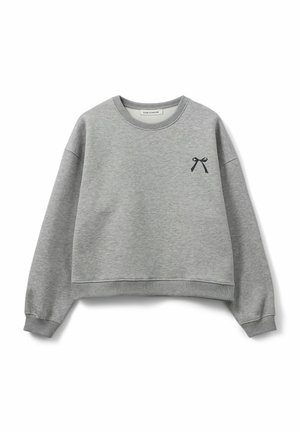 Grauer, kürzer geschnittener Sweatshirt aus Baumwollmischung mit rundem Halsausschnitt und überschnittenen Schultern. Enthält ein schwarzes Bänder-Design auf der Brust.