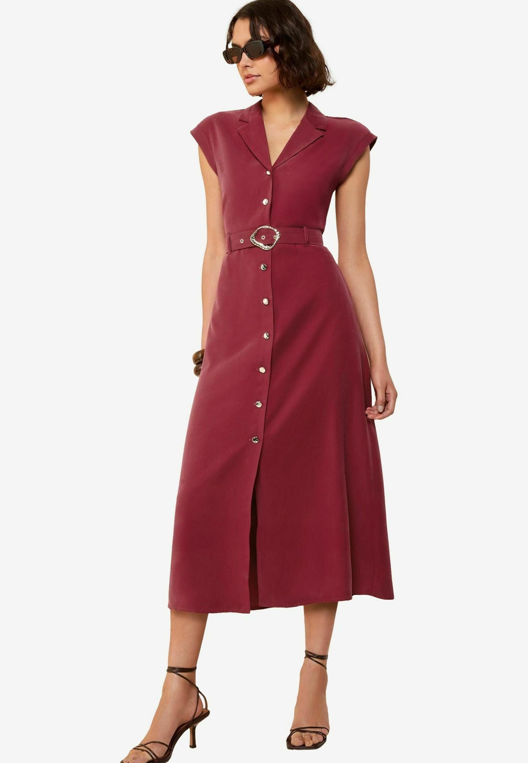 burgundy utility dress Burgundy Mini Dress with Mockneck, Flared Long Sleeves & Fitted Waist – Yseult Dress by EASY CLOTHES – Size M-L