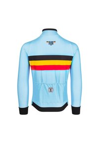 Maillot de cyclisme à manches longues bleu clair avec des rayures verticales noires, jaunes et rouges, doté d'un col haut et de poches arrière.