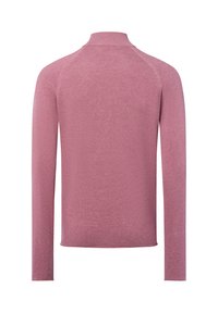 Mauve gebreide trui met lange mouwen, gezien vanaf de achterkant, met een hoge kraag en naadloze raglanmouwen.