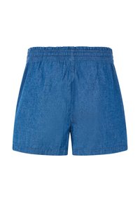 Blå, strukturerede shorts med elastisk talje og afslappet pasform. Enkel design, ingen lommer eller yderligere detaljer synlige.