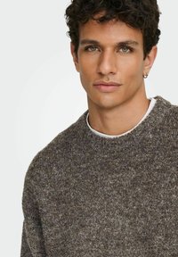 Pull brun texturé avec un col rond, présentant un motif chiné discret. Le modèle a les cheveux courts, bouclés et foncés et porte une chemise blanche en dessous.