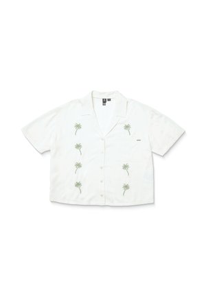 Kortærmet, button-up skjorte i hvidt stof med grøn palmebroderi. Har en lomme på venstre side.