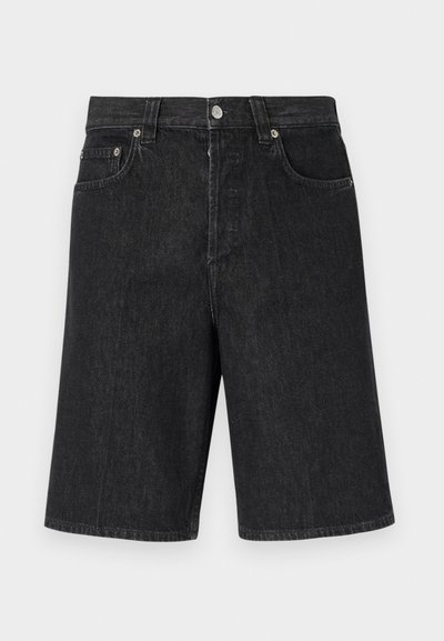 Black denim shorts with a straight cut, five pockets, and a metal button closure. Features a subtle texture and classic design.
