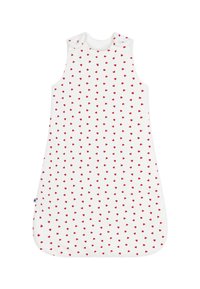 Witte baby slaapzak met kleine rode hartjesprint, mouwloos ontwerp, ronde hals en een soepele stofstructuur. Zachte en lichte materialen.