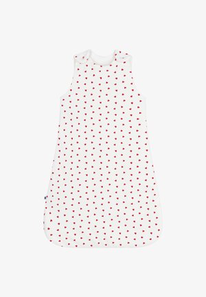 Witte baby slaapzak met kleine rode hartjesprint, mouwloos ontwerp, ronde hals en een soepele stofstructuur. Zachte en lichte materialen.