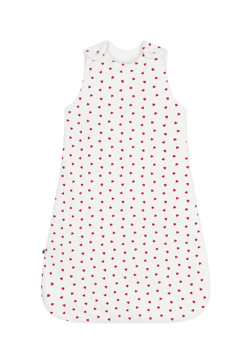 Witte baby slaapzak met kleine rode hartjesprint, mouwloos ontwerp, ronde hals en een soepele stofstructuur. Zachte en lichte materialen.