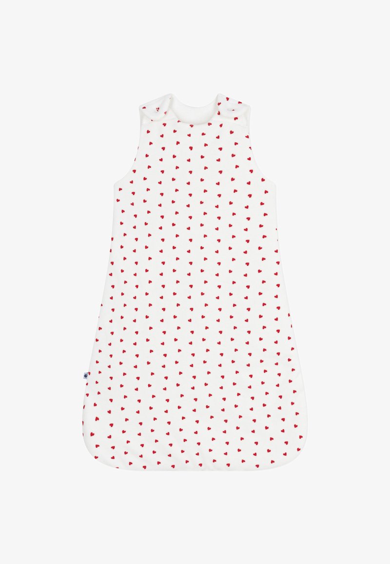 Witte baby slaapzak met kleine rode hartjesprint, mouwloos ontwerp, ronde hals en een soepele stofstructuur. Zachte en lichte materialen.