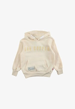 Sweat à capuche de couleur crème avec une poche avant, portant l'inscription "LEE COOPER" en doré. Tissu doux, poignets et ourlet côtelés, et capuche.