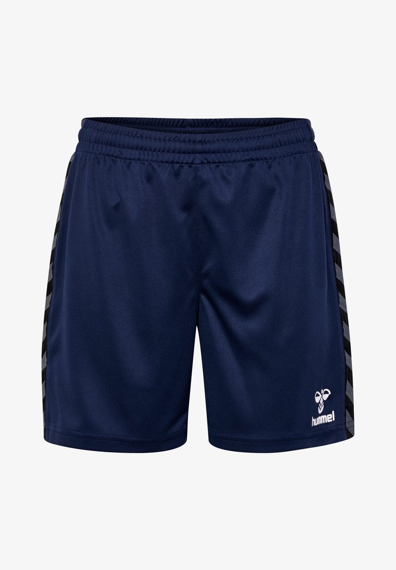 Marineblaue Sportshorts aus glattem Gewebe, mit seitlichen Streifen in einem schwarz-weißen Muster und einem kleinen Logo an der unteren Vorderseite.