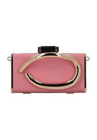 Pink clutch with a gold curved handle, glossy finish, and a black clasp. Rectangular shape with smooth texture and metallic accents.