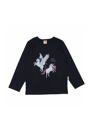 Navy long-sleeve shirt made from cotton, featuring a graphic of two unicorns with wings and a cloud. Crew neck and relaxed fit.