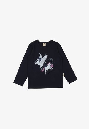 Marineblaues Langarmshirt aus Baumwolle mit einem Motiv von zwei Einhörnern mit Flügeln und einer Wolke. Rundhalsausschnitt und lockere Passform.