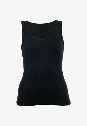 Czarny prążkowany top na ramiączkach z okrągłym dekoltem i szerokimi ramiączkami. Wykonany z miękkiego materiału o dopasowanym kroju.