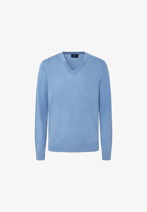 Svetlo modrý sveter s výstrihom do V, vyrobený z mäkkej textúrovanej tkaniny s dlhými rukávmi a rebrovaným lemom. Obsahuje malé logo značky na krku.
