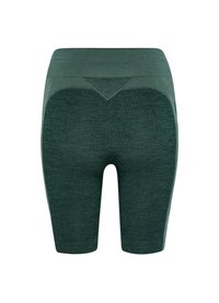 Zielone sportowe szorty z teksturowanym pasem, dopasowanym fasonem oraz gładkim, elastycznym materiałem. Idealne do aktywności fizycznej.