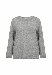 Maglione di lana grigia con scollo rotondo e maniche lunghe. Caratterizzato da una consistenza morbida, una vestibilità comoda e un design minimalista.