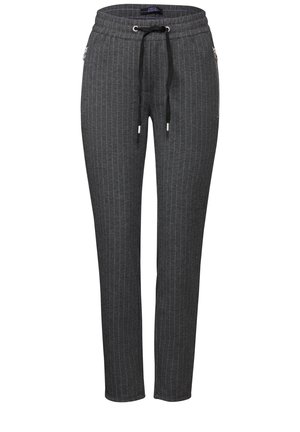 Casualowe spodnie w ciemnoszarym kolorze w cienkie prążki, z ściągaczem w pasie oraz kieszeniami zapinanymi na zamek po bokach, o dopasowanym, wąskim kroju.