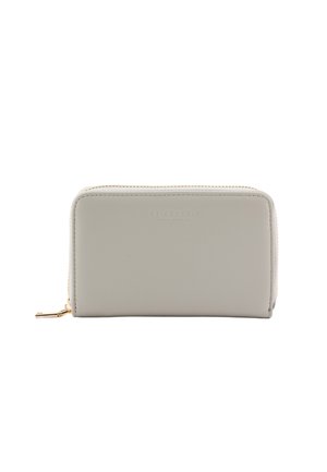 Light gray rectangular zip-around wallet with gold zipper pull, smooth texture, and subtle embossed brand name on the front.