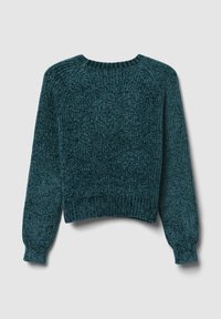 Türkiser gestrickter Pullover mit Rundhalsausschnitt, langen Ärmeln, gerippten Bündchen und Saum. Die strukturierte Stoffqualität sorgt für Tiefe und visuelles Interesse.