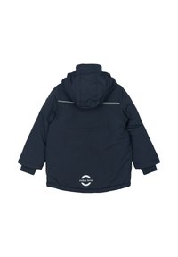 Temno modra izolirana jakna s kapuco, z elastičnimi manšetami, reflektivnimi črtami in okroglim logotipom na dnu. Gladek tekstura.