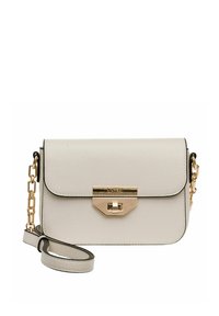Light beige crossbody bag in textured leather. Features a gold-tone hardware clasp, chain strap, and flat flap closure.