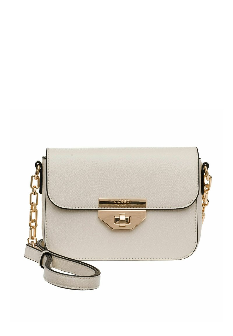 Light beige crossbody bag in textured leather. Features a gold-tone hardware clasp, chain strap, and flat flap closure.