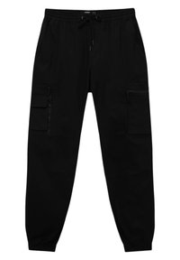 Schwarze Cargo-Hosen mit einem Kordelzugbund, zwei Seitentaschen und zwei seitlichen Reißverschlusstaschen; schmal geschnittenes Bein mit elastischen Bündchen, aus strapazierfähigem Material gefertigt.