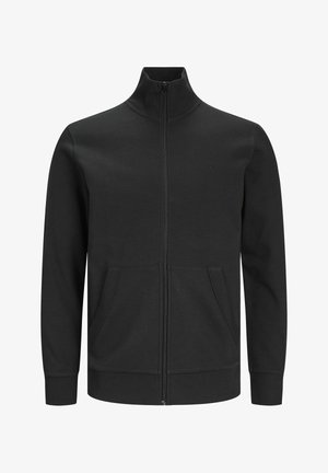 Sweat-shirt zippé noir en tissu doux, avec un col montant, deux poches avant et des poignets et un ourlet côtelés. Logo simple sur la poitrine.