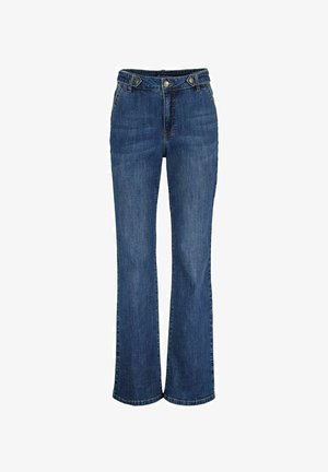 Wijde blauwe spijkerbroeken met hoge taille, voorzien van riemlussen, voorzakken en metalen knoopsluiting. Zachte textuur met gelijkmatige kleur.