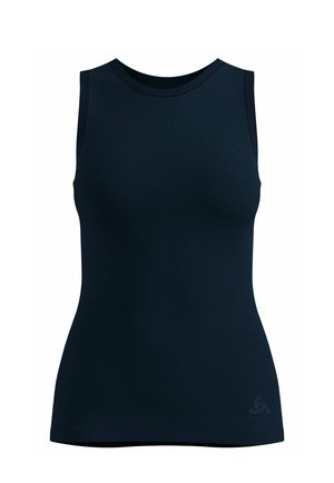 Ärmelloses schwarzes Sport-Top mit strukturiertem Stoff auf der oberen Brustpartie und kleinem Logo nahe dem unteren Saum auf der vorderen rechten Seite.