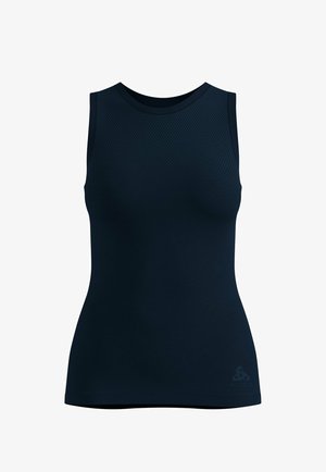 Ärmelloses schwarzes Sport-Top mit strukturiertem Stoff auf der oberen Brustpartie und kleinem Logo nahe dem unteren Saum auf der vorderen rechten Seite.