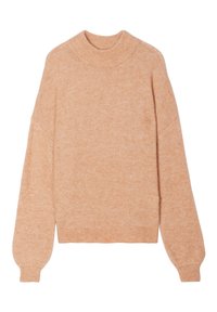 Pullover arancione chiaro con collo alto, spalle cadenti e maniche lunghe e voluminose. Tessuto morbido; polsini e orlo a coste.