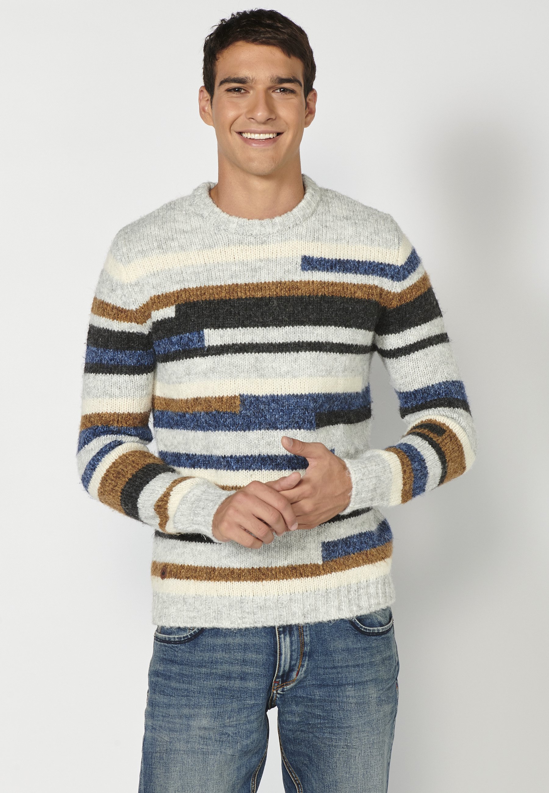 Maglione Uomo Koroshi Girocollo Effetto Bicolore Consumato, Nero, 100% Acrilico, Lavabile In Lavatrice