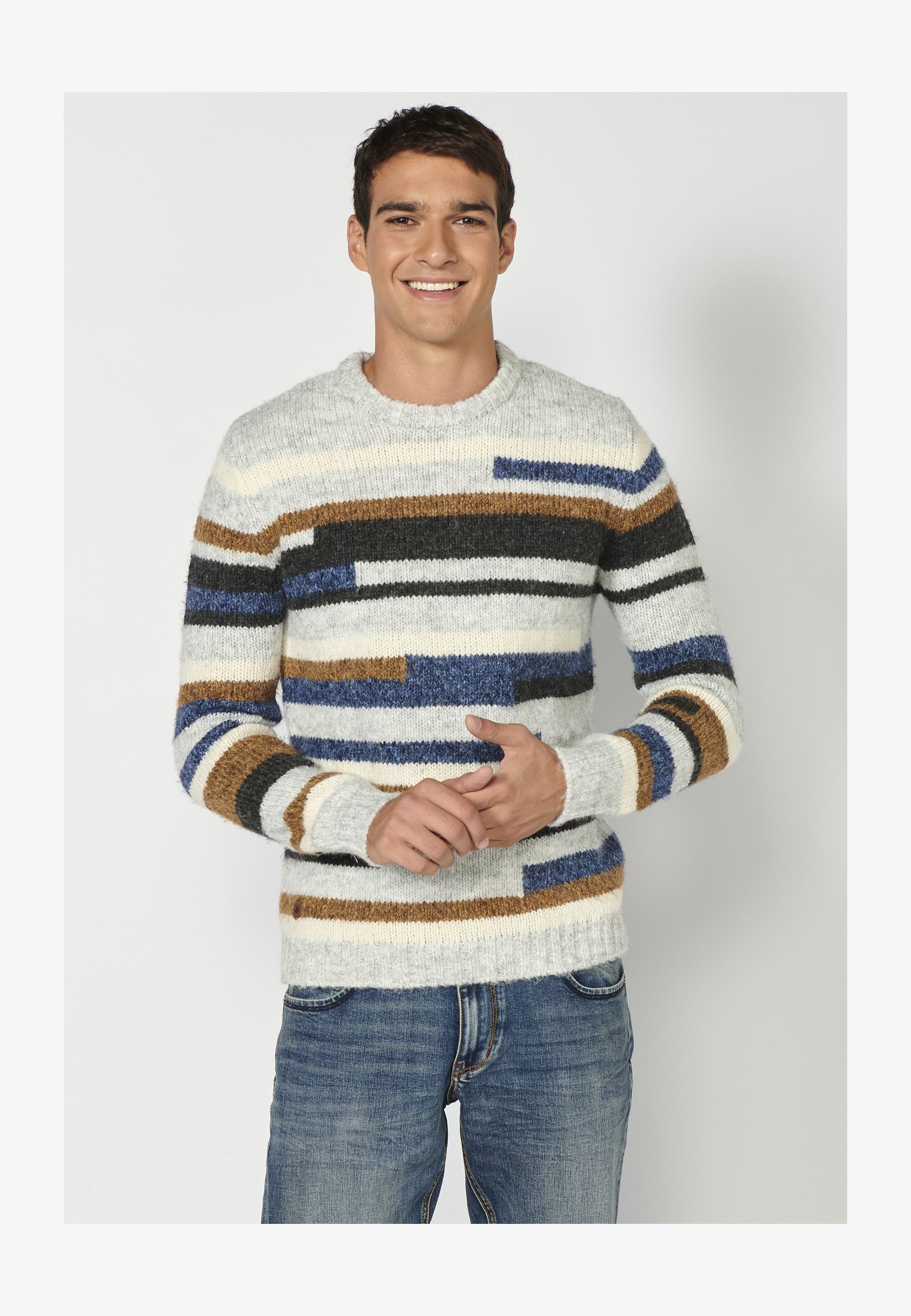 Maglione Uomo Koroshi Girocollo Effetto Bicolore Consumato, Nero, 100% Acrilico, Lavabile In Lavatrice
