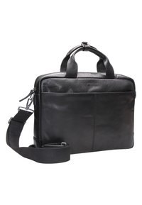 Sort læder laptop taske med to top håndtag, en aftagelig rem, lynlåslukning, forlommer og glat tekstur. Har diskret logo detalje.