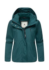 Giacca leggera color teal con cappuccio, zip frontale, bottoni a pressione e polsini elasticizzati. Presenta tasche laterali e una texture liscia.