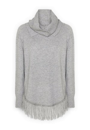 Hellgrau gestrickter Pullover mit langen Ärmeln, einem geknöpften Schalkragen und Fransenverzierungen am unteren Saum.