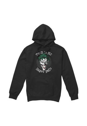 Black hooded sweatshirt with a green-haired grinning face and the text "This is my happy face" on the front.