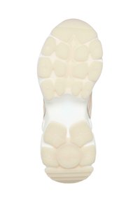 Semelle de chaussure en caoutchouc blanc texturé, dotée de coussinets arrondis et surélevés pour l'adhérence et la flexibilité. Fini lisse avec des accents subtils.
