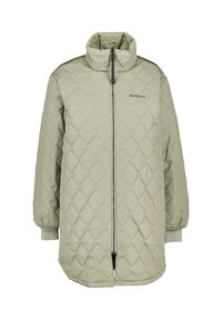 Ljust grön quiltad jacka med upprätt krage, dragkedja framtill och ribbade muddar. Har en slät yta och en diskret logotyp på bröstet.
