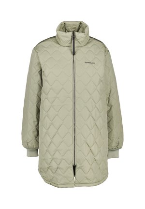 Gesteppte hellgrüne Jacke mit Stehkragen, Frontreißverschluss und gerippten Bündchen. Verfügt über eine glatte Textur und ein dezentes Logo auf der Brust.