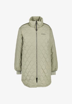 Gesteppte hellgrüne Jacke mit Stehkragen, Frontreißverschluss und gerippten Bündchen. Verfügt über eine glatte Textur und ein dezentes Logo auf der Brust.