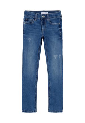 Jean skinny en denim bleu avec effet délavé léger, design classique à cinq poches, fermeture bouton et zip, posé à plat sur un fond blanc.