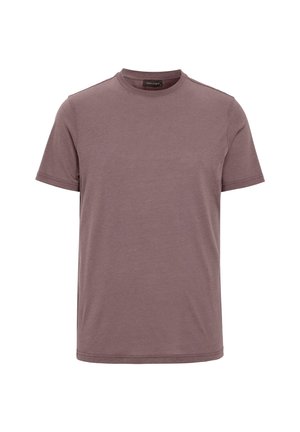 Effen t-shirt met korte mouwen en ronde hals in gedempte mauve kleur, gemaakt van zacht katoen, weergegeven op een witte achtergrond.