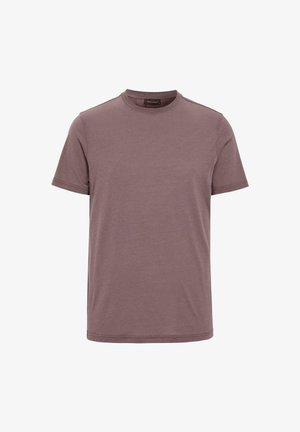 Effen t-shirt met korte mouwen en ronde hals in gedempte mauve kleur, gemaakt van zacht katoen, weergegeven op een witte achtergrond.