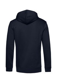 Sudadera azul marino con una capucha grande y redondeada, puños y dobladillo acanalados, hecha de una tela suave sin patrones o acentos visibles.