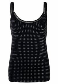 Black tank top with thin straps, featuring a textured pattern of small silver dots and a lace-accented neckline for added detail.