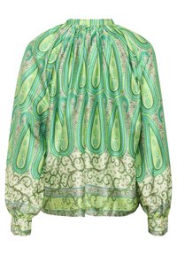 Blusa verde a fantasia con motivi paisley, colletto arricciato e maniche a sbuffo. Tessuto morbido e liscio con polsini chiusi da bottoni.
