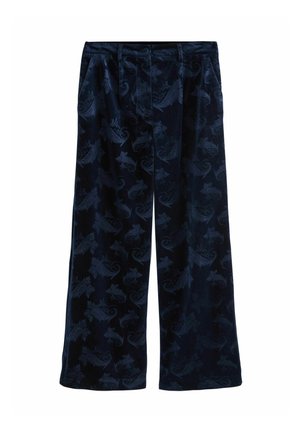 Samte Weite-Hosen in Dunkelblau mit dezentem Blumen- und Paisleymuster, vorderer Knopf- und Reißverschlussverschluss sowie seitlichen Taschen.
